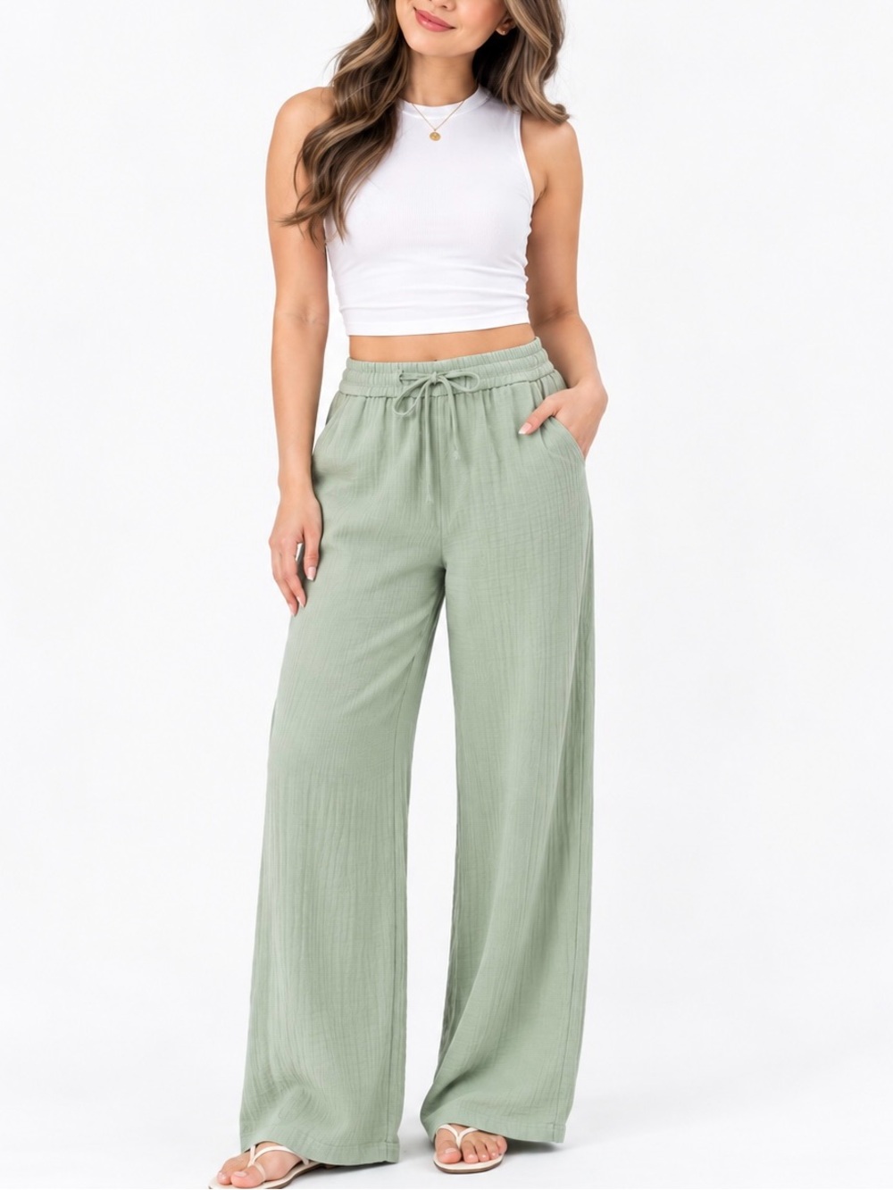 Halara Light Wide Leg Palazzo Tall Drawstring Pants Pale Aqua/ Sage Green- XS